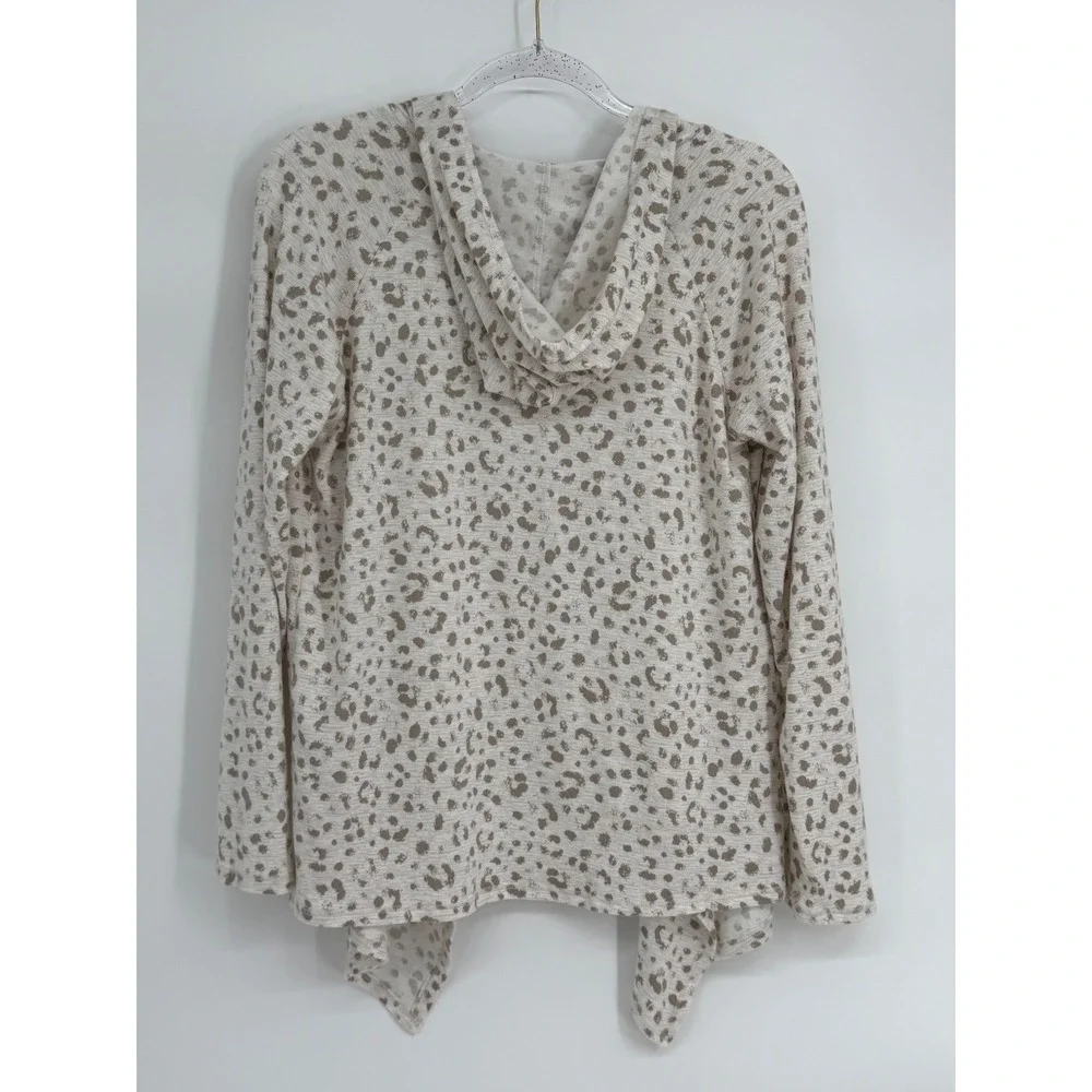 Jaclyn Intimates Womens Sz S Leopard Print Hooded Waterfall Draped Cardigan Tan